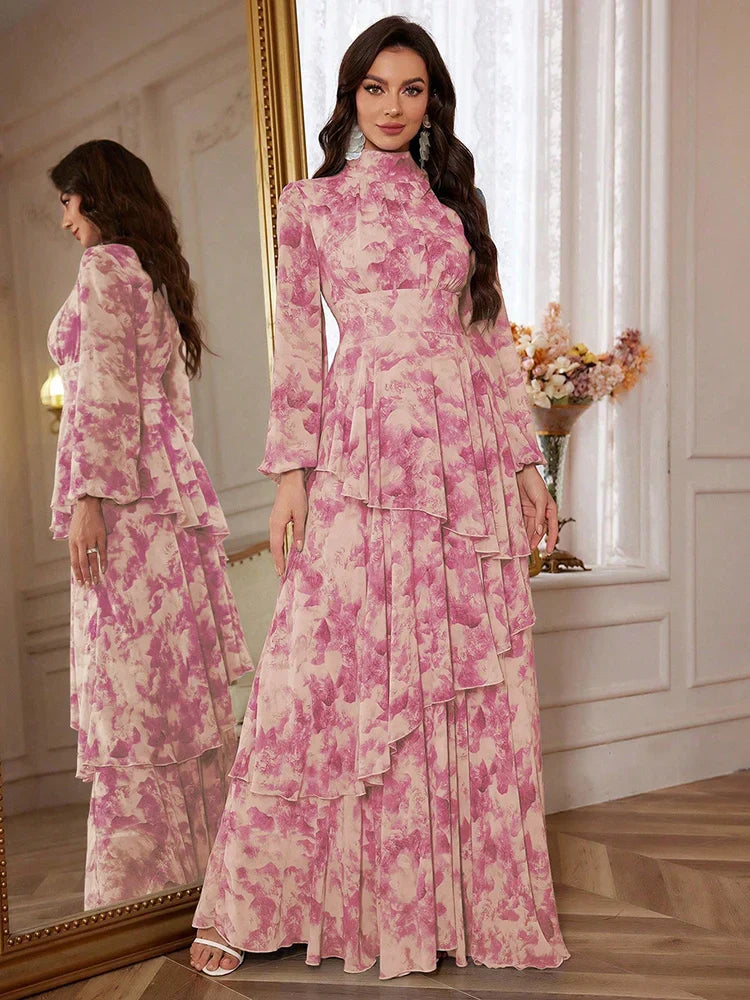 VougeVamp Elegant Floral Print Chiffon Maxi Dress – Lantern Sleeve Ruffle Trim Gown for Casual & Formal Parties