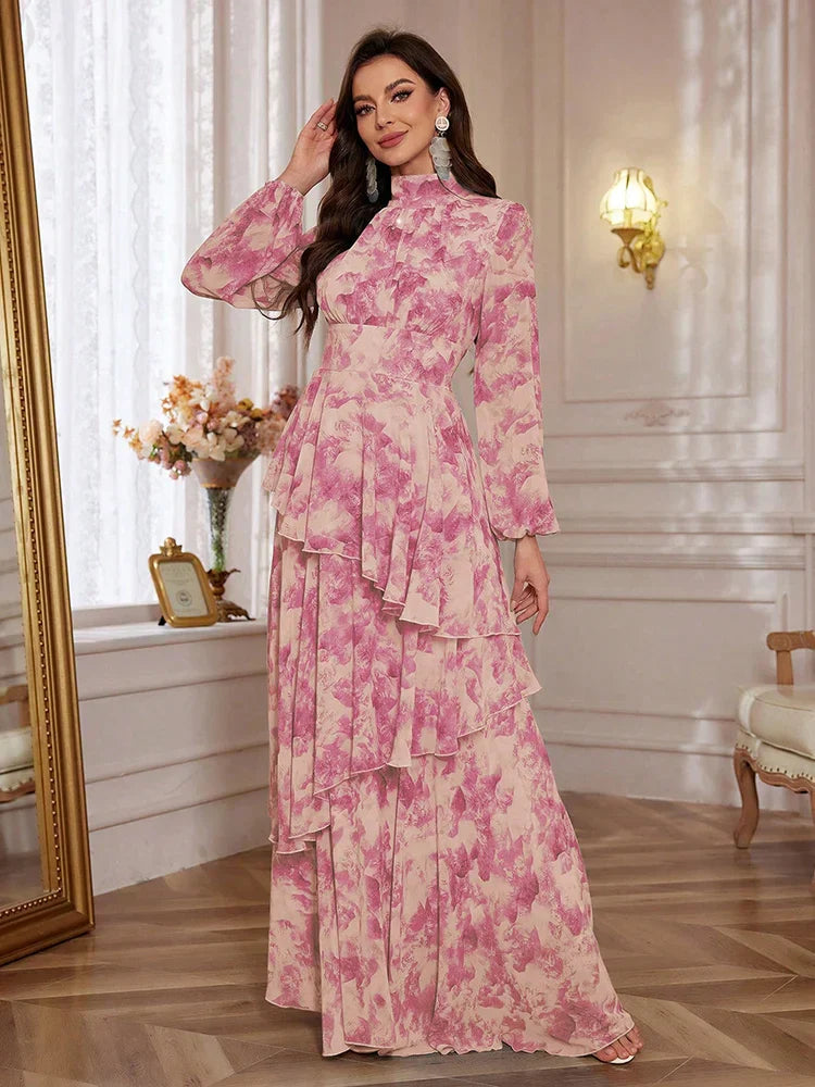 VougeVamp Elegant Floral Print Chiffon Maxi Dress – Lantern Sleeve Ruffle Trim Gown for Casual & Formal Parties
