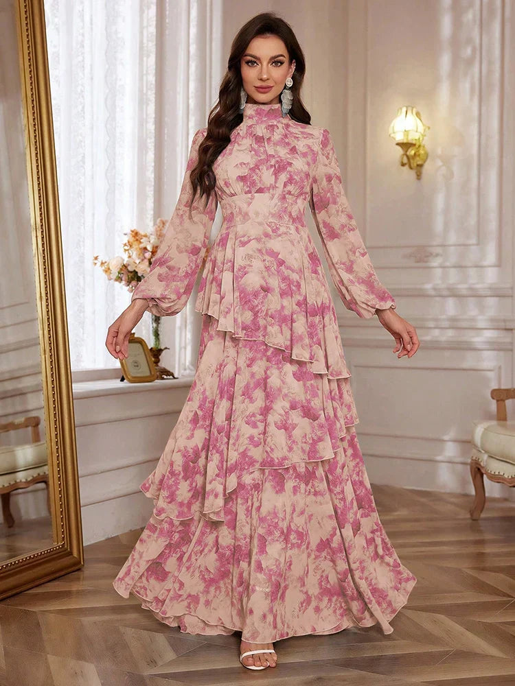 VougeVamp Elegant Floral Print Chiffon Maxi Dress – Lantern Sleeve Ruffle Trim Gown for Casual & Formal Parties