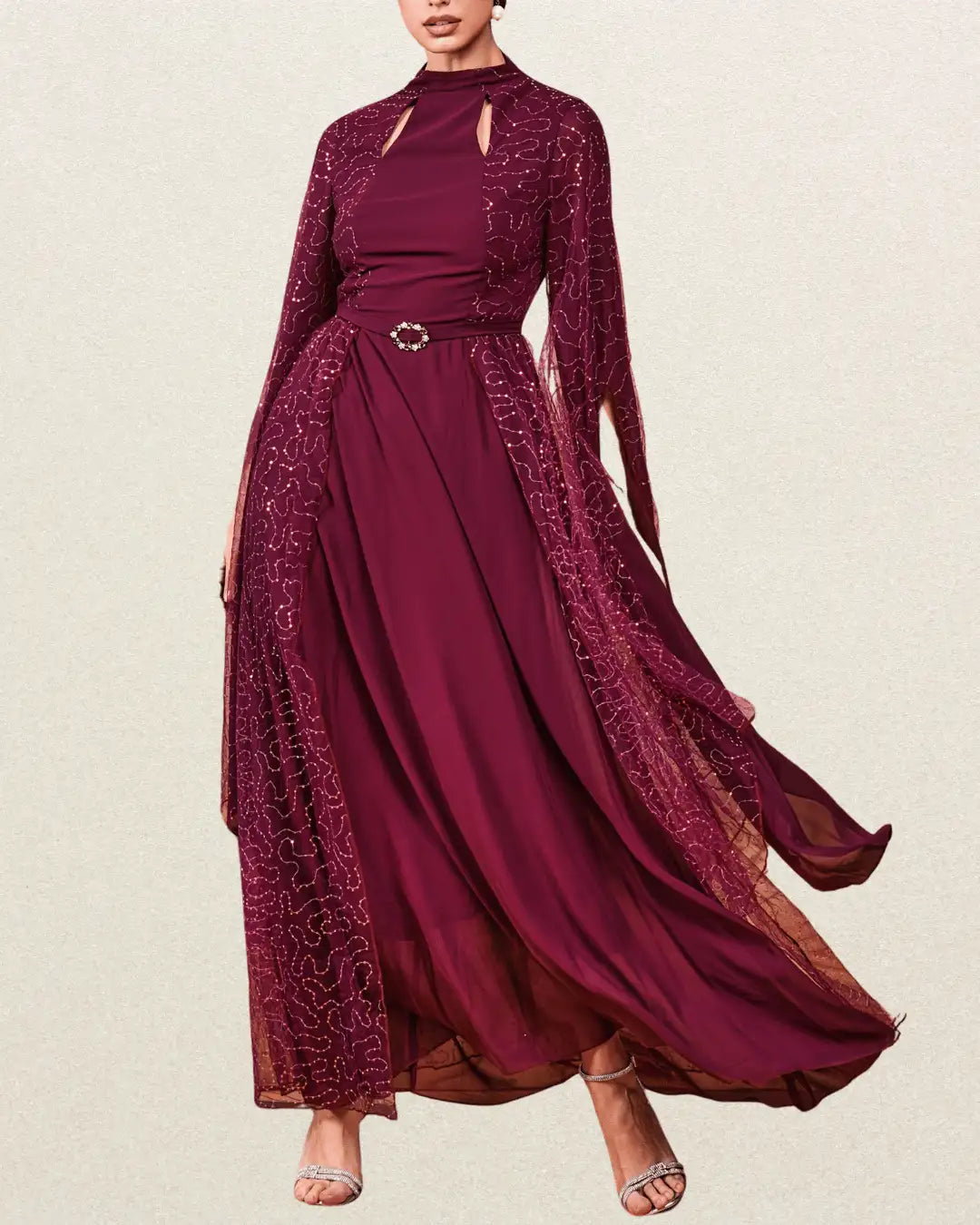 Elegant Women's Long Sleeve Tunic Dress with Applique Detail – All-Season Round Neck Maxi Gown