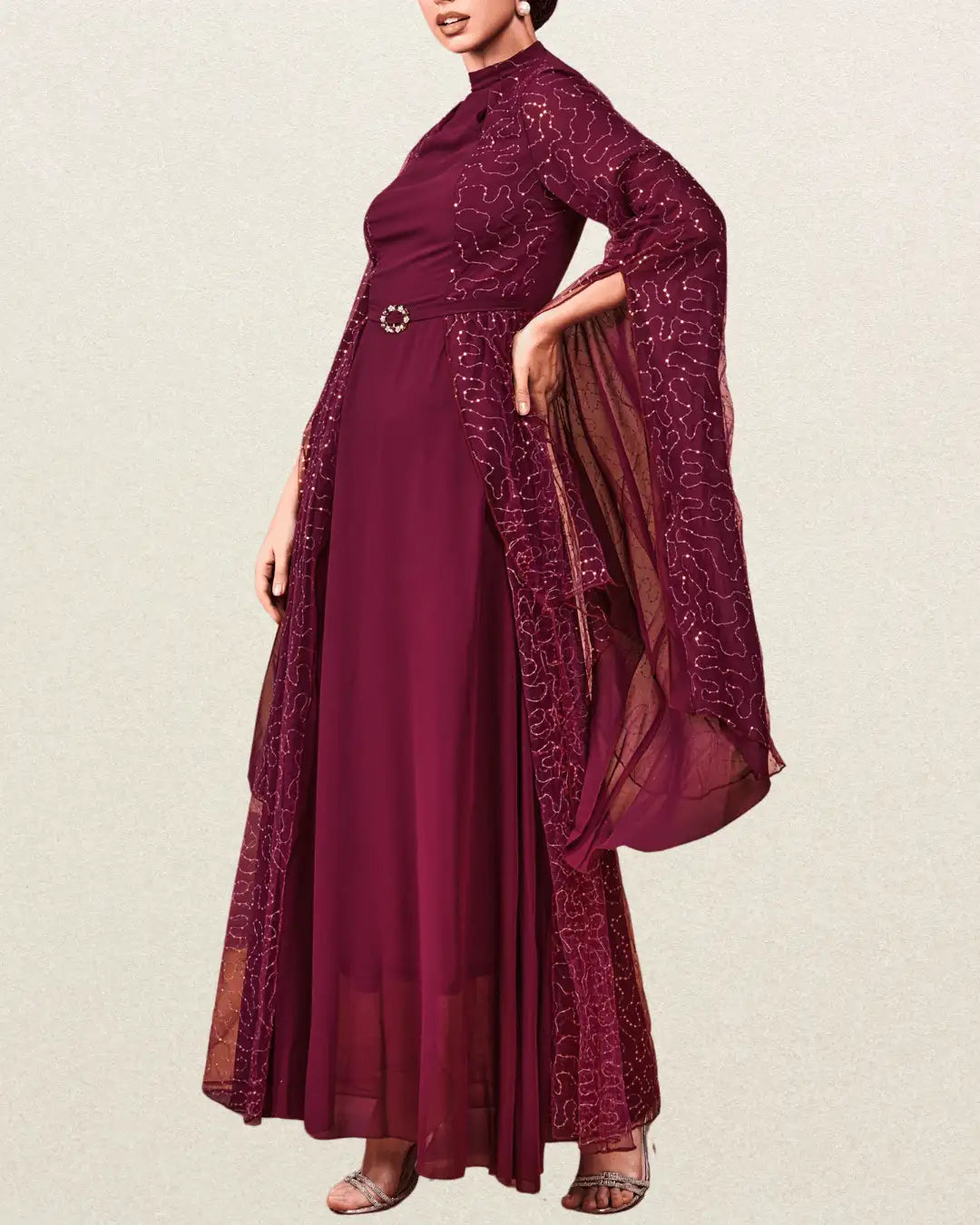 Elegant Women's Long Sleeve Tunic Dress with Applique Detail – All-Season Round Neck Maxi Gown