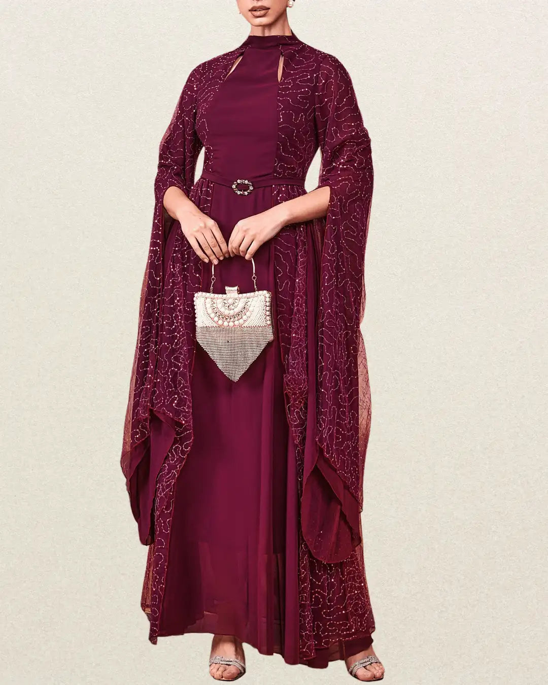 Elegant Women's Long Sleeve Tunic Dress with Applique Detail – All-Season Round Neck Maxi Gown