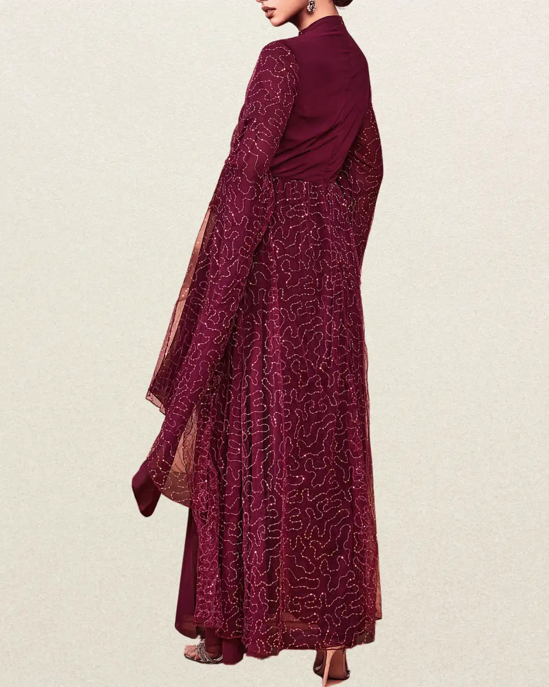 Elegant Women's Long Sleeve Tunic Dress with Applique Detail – All-Season Round Neck Maxi Gown