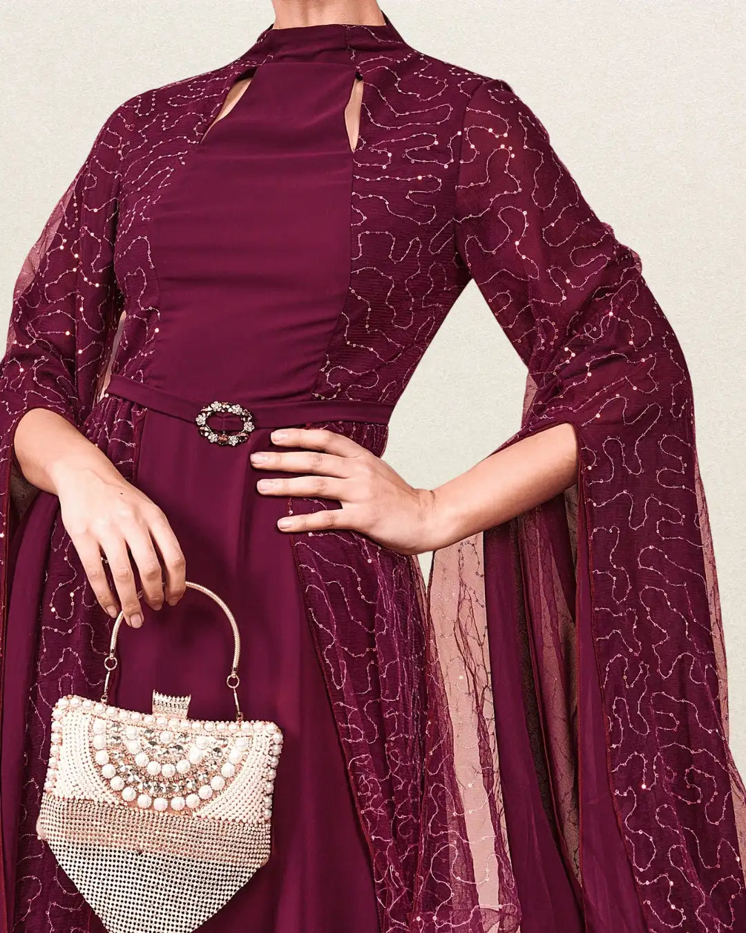 Elegant Women's Long Sleeve Tunic Dress with Applique Detail – All-Season Round Neck Maxi Gown