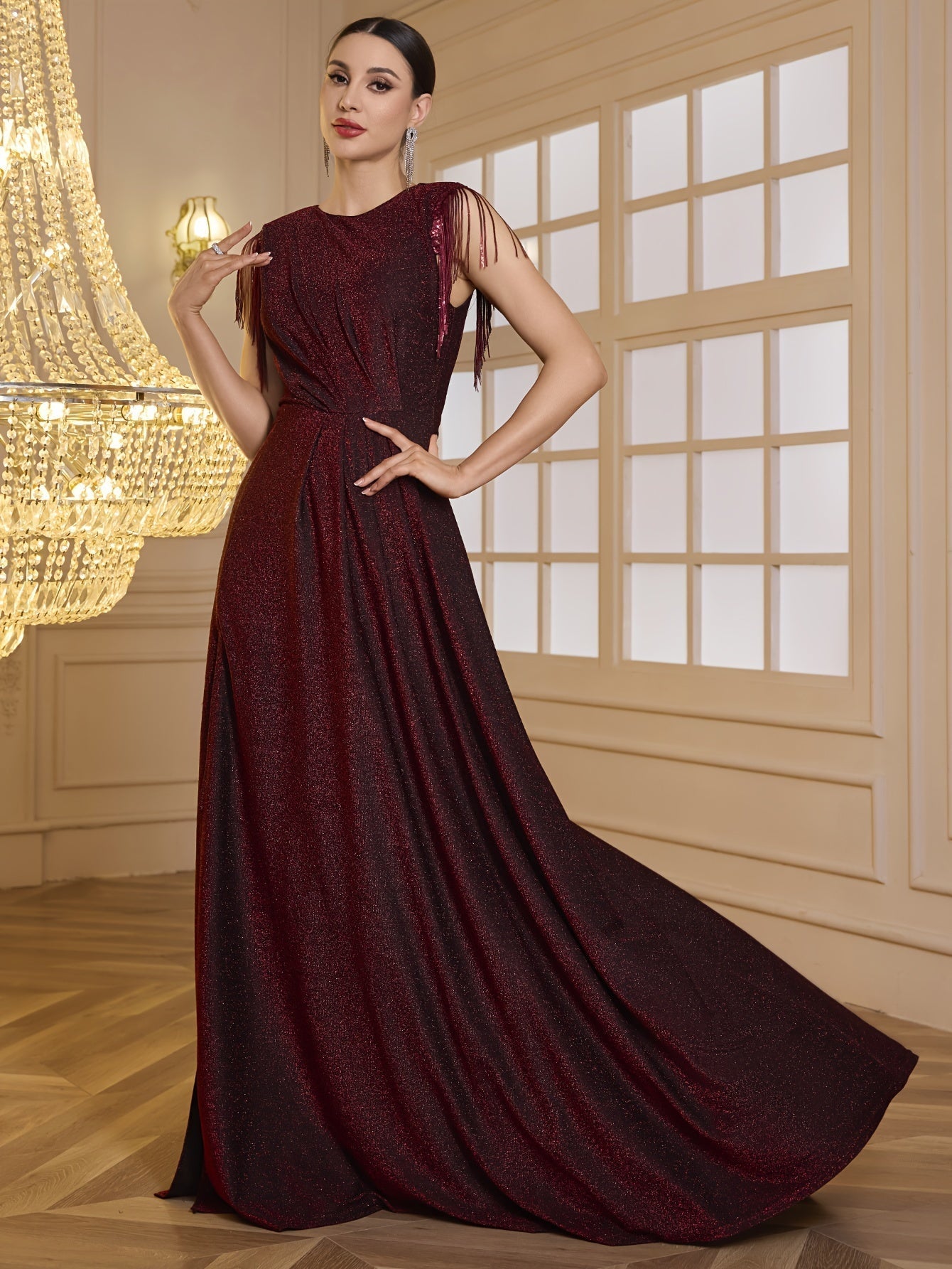 VougeVamp Elegant Tassel Waist-Cinching Maxi Dress – Crew Neck Solid Color Gown for Parties & Banquets - VougeVampUK