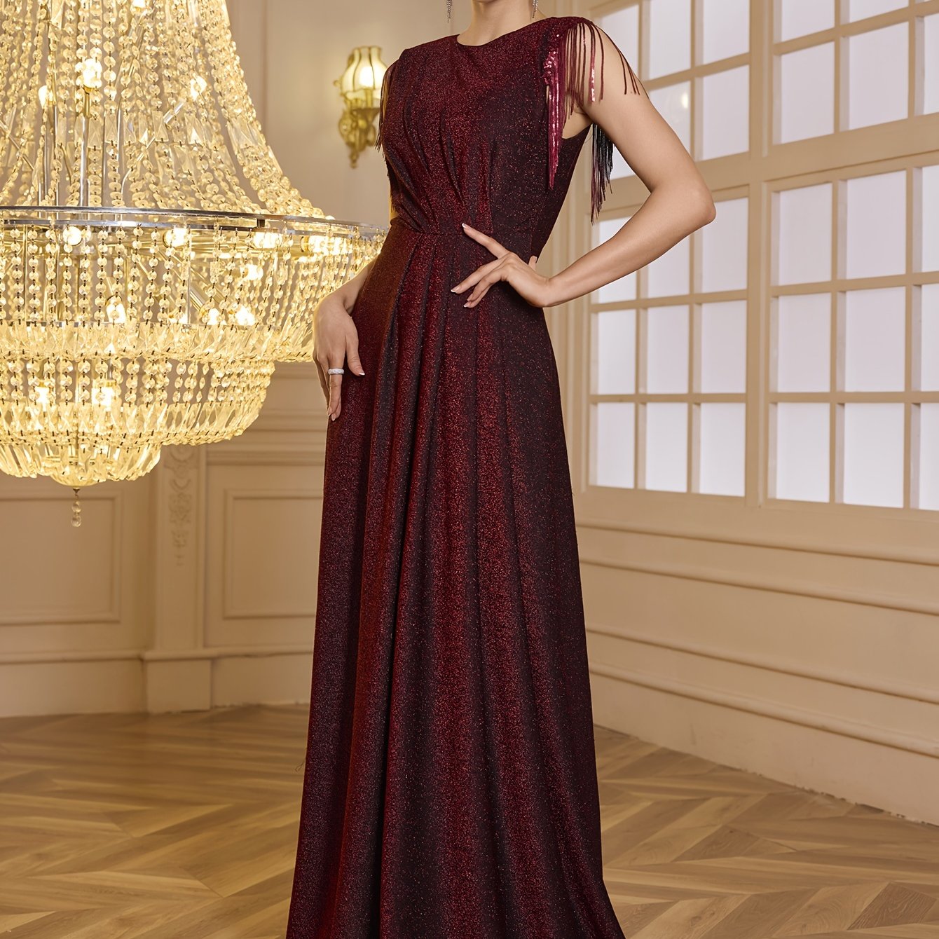 VougeVamp Elegant Tassel Waist-Cinching Maxi Dress – Crew Neck Solid Color Gown for Parties & Banquets - VougeVampUK