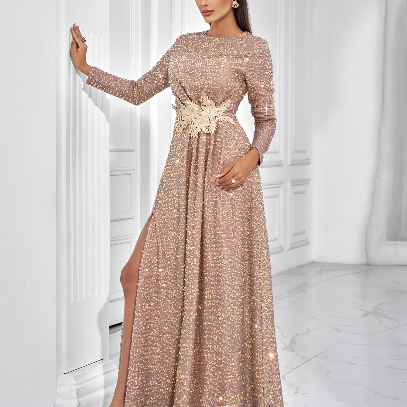 VougeVamp Elegant Handmade A-Line Evening Gown – Round Neck, Sequin Detailing & Thigh-High Slit for Formal Events