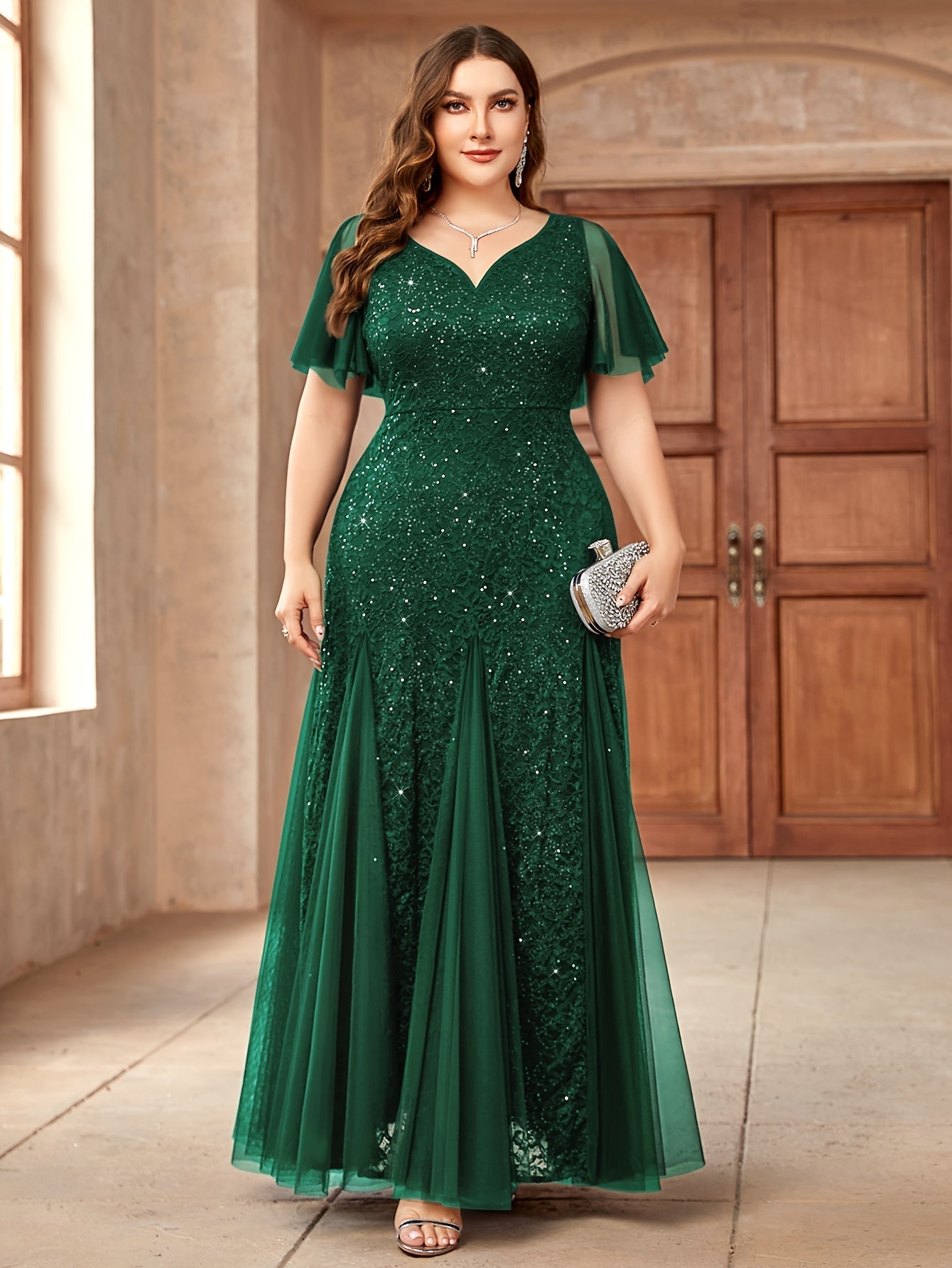 VougeVamp Plus Sweetheart Neck Sequin Lace Mermaid Evening Dress for Women - Ruffle Sleeve Contrast Mesh Wedding Gown - VougeVampUK