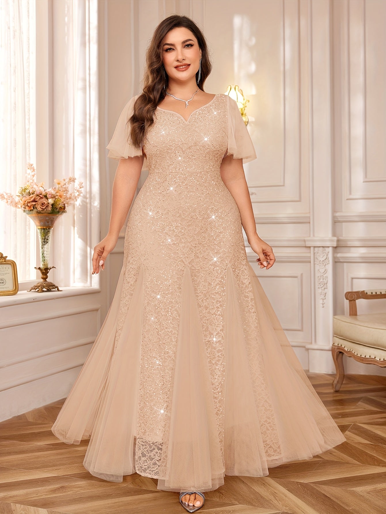 VougeVamp Plus Sweetheart Neck Sequin Lace Mermaid Evening Dress for Women - Ruffle Sleeve Contrast Mesh Wedding Gown - VougeVampUK