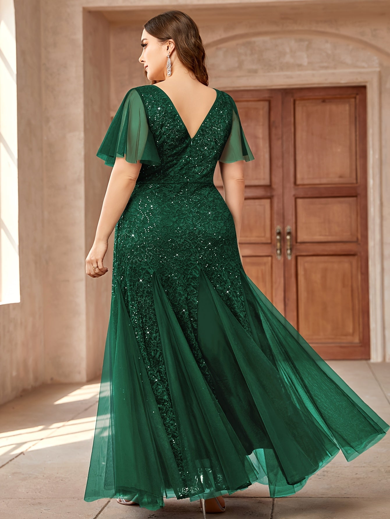 VougeVamp Plus Sweetheart Neck Sequin Lace Mermaid Evening Dress for Women - Ruffle Sleeve Contrast Mesh Wedding Gown - VougeVampUK