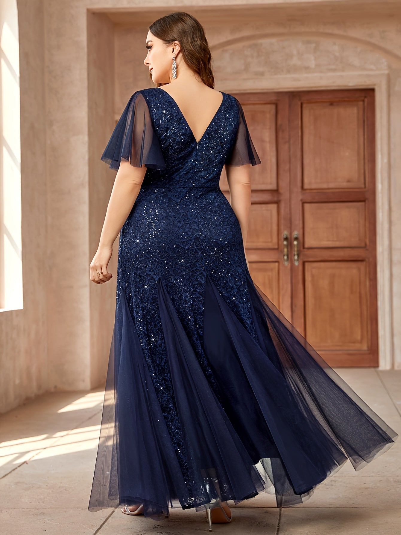 VougeVamp Plus Sweetheart Neck Sequin Lace Mermaid Evening Dress for Women - Ruffle Sleeve Contrast Mesh Wedding Gown - VougeVampUK