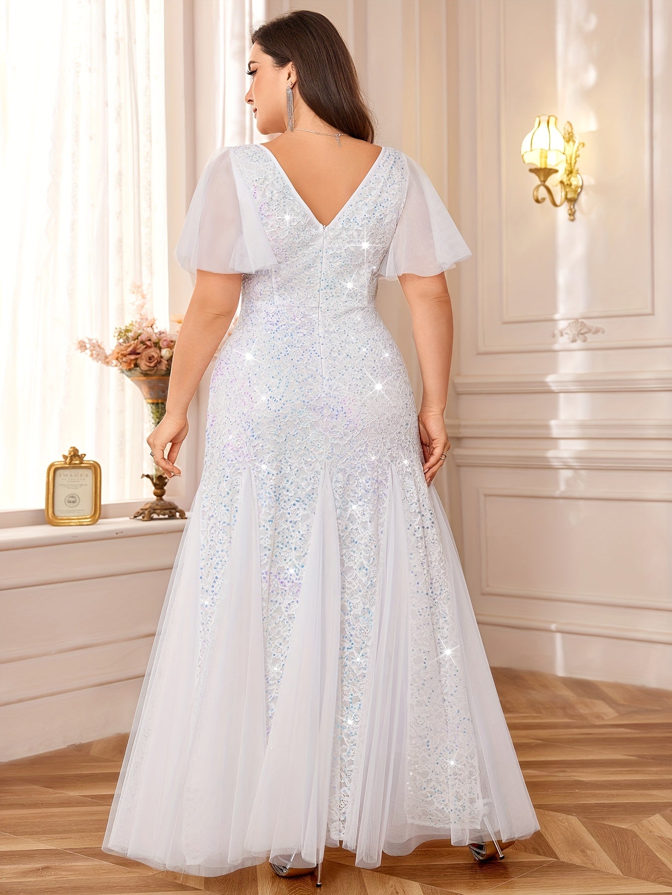 VougeVamp Plus Sweetheart Neck Sequin Lace Mermaid Evening Dress for Women - Ruffle Sleeve Contrast Mesh Wedding Gown - VougeVampUK