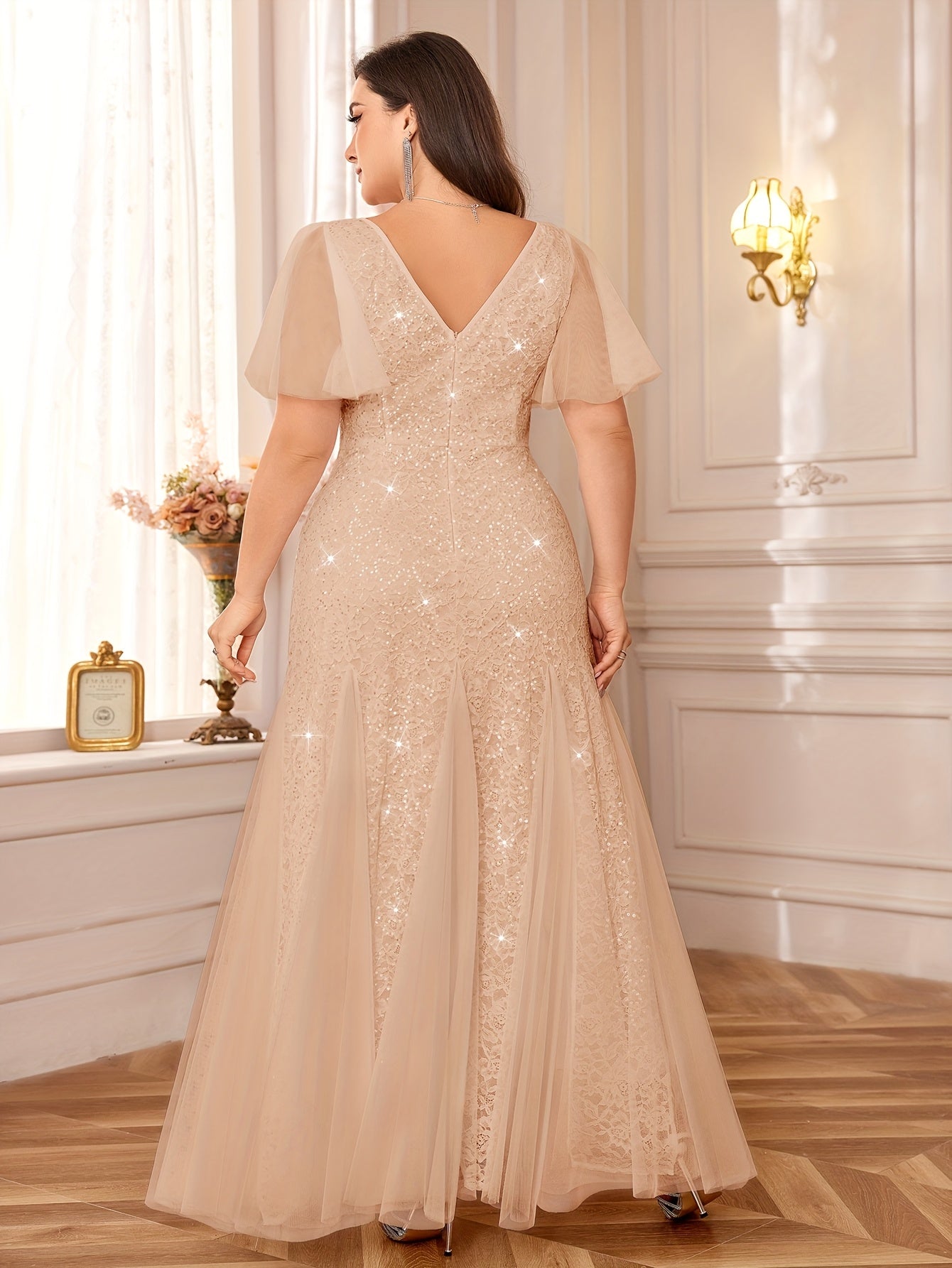 VougeVamp Plus Sweetheart Neck Sequin Lace Mermaid Evening Dress for Women - Ruffle Sleeve Contrast Mesh Wedding Gown - VougeVampUK