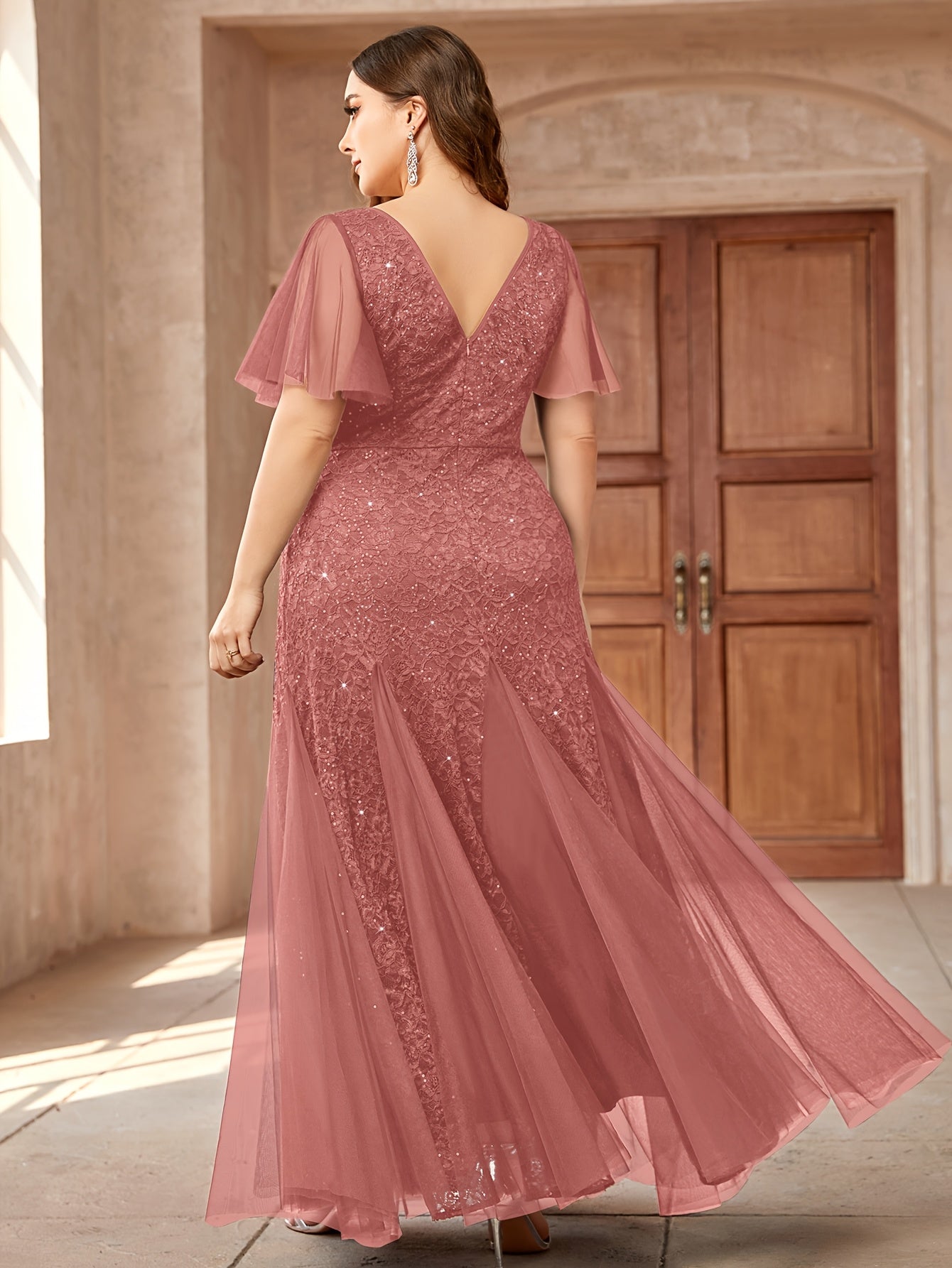 VougeVamp Plus Sweetheart Neck Sequin Lace Mermaid Evening Dress for Women - Ruffle Sleeve Contrast Mesh Wedding Gown - VougeVampUK