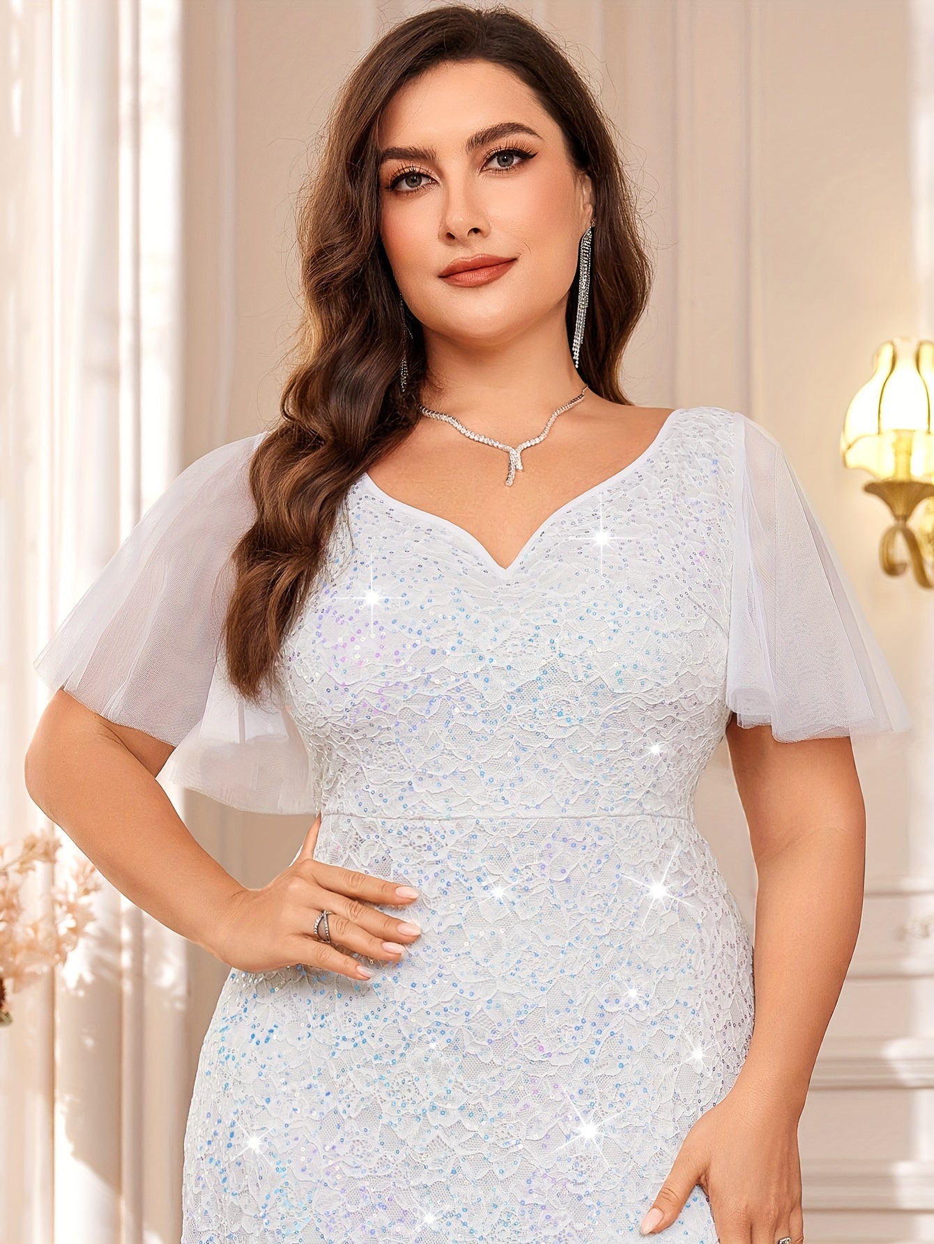 VougeVamp Plus Sweetheart Neck Sequin Lace Mermaid Evening Dress for Women - Ruffle Sleeve Contrast Mesh Wedding Gown - VougeVampUK