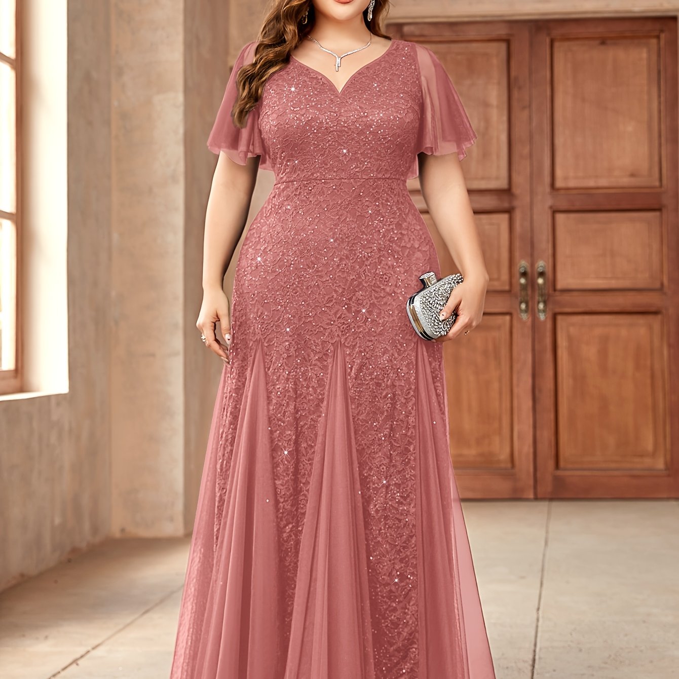 VougeVamp Plus Sweetheart Neck Sequin Lace Mermaid Evening Dress for Women - Ruffle Sleeve Contrast Mesh Wedding Gown - VougeVampUK