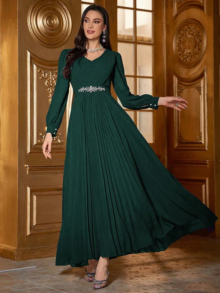 VougeVamp Elegant V-Neck Swing Evening Dress with Rhinestone Embellishments – Luxury Long Sleeve Pleated Gown