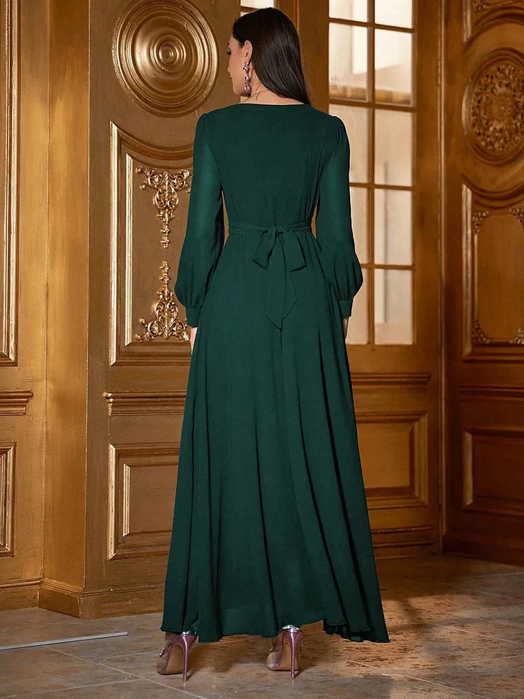 VougeVamp Elegant V-Neck Swing Evening Dress with Rhinestone Embellishments – Luxury Long Sleeve Pleated Gown