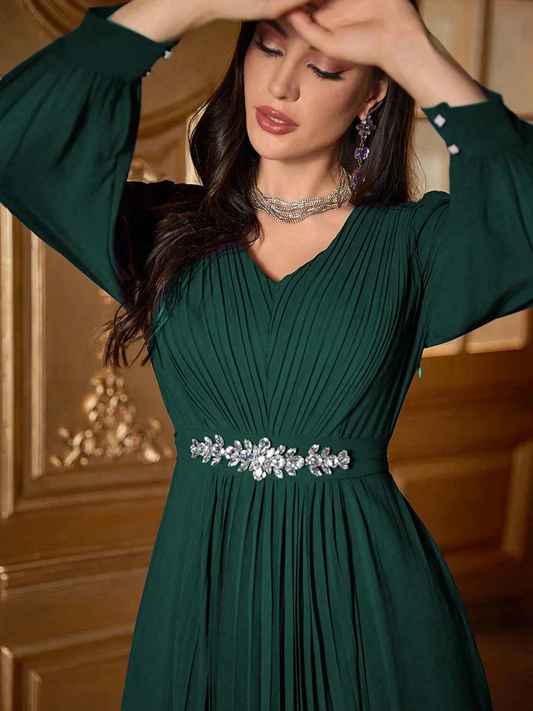 VougeVamp Elegant V-Neck Swing Evening Dress with Rhinestone Embellishments – Luxury Long Sleeve Pleated Gown