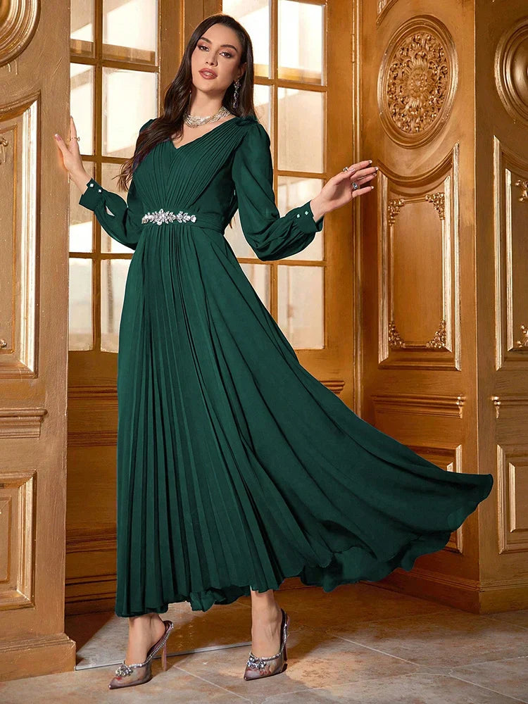 VougeVamp Elegant V-Neck Swing Evening Dress with Rhinestone Embellishments – Luxury Long Sleeve Pleated Gown
