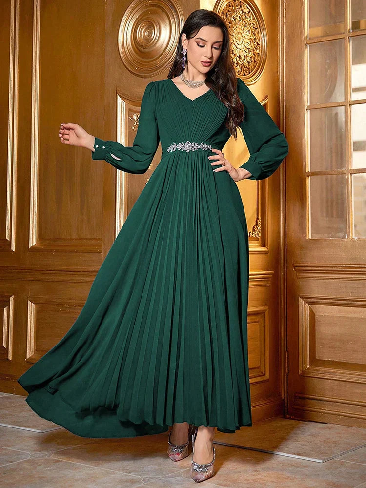 VougeVamp Elegant V-Neck Swing Evening Dress with Rhinestone Embellishments – Luxury Long Sleeve Pleated Gown