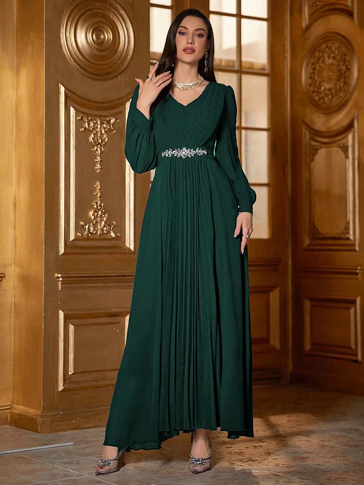 VougeVamp Elegant V-Neck Swing Evening Dress with Rhinestone Embellishments – Luxury Long Sleeve Pleated Gown