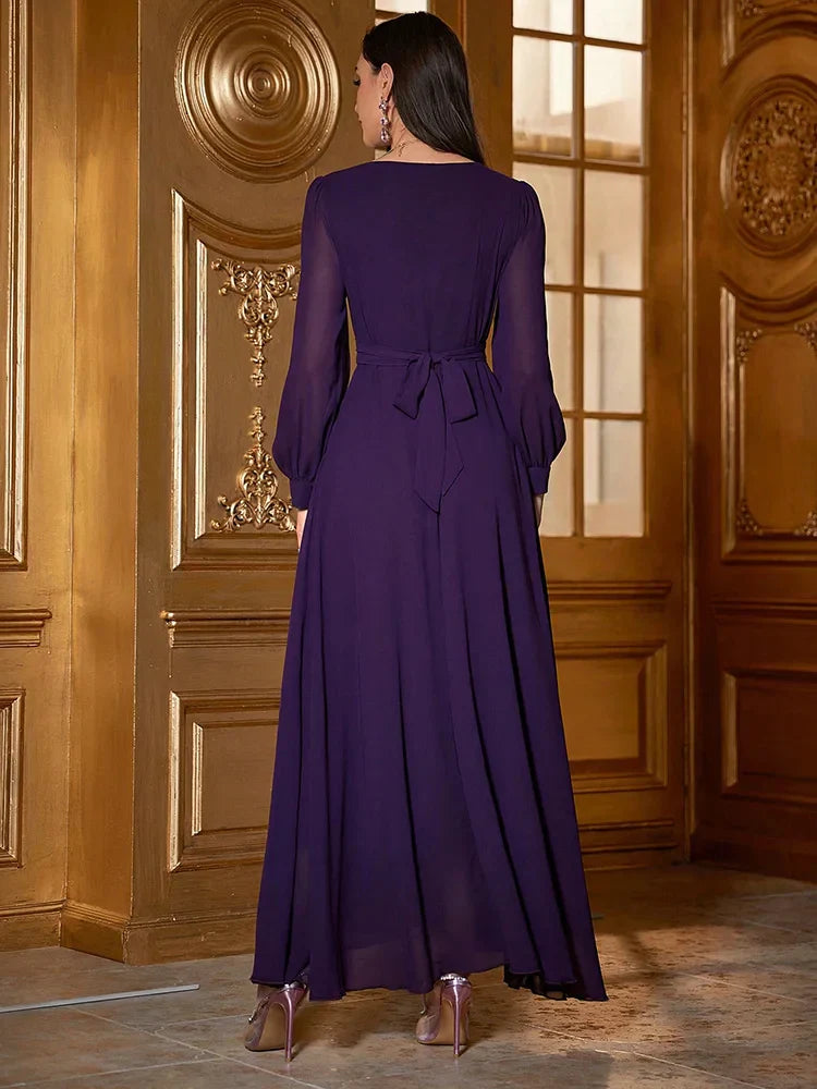 VougeVamp Elegant V-Neck Swing Evening Dress with Rhinestone Embellishments – Luxury Long Sleeve Pleated Gown