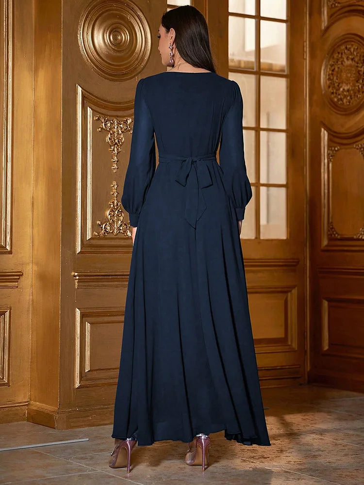VougeVamp Elegant V-Neck Swing Evening Dress with Rhinestone Embellishments – Luxury Long Sleeve Pleated Gown