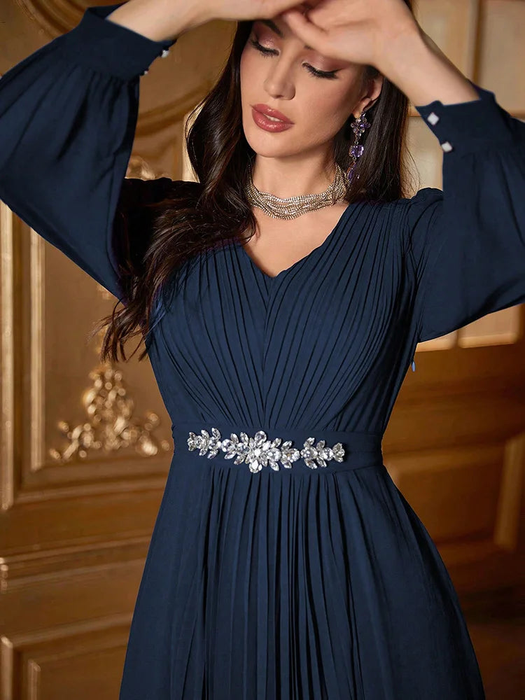 VougeVamp Elegant V-Neck Swing Evening Dress with Rhinestone Embellishments – Luxury Long Sleeve Pleated Gown