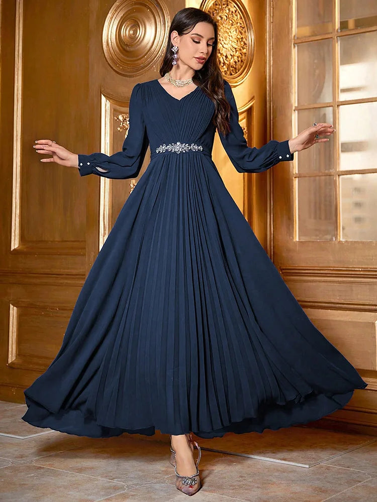 VougeVamp Elegant V-Neck Swing Evening Dress with Rhinestone Embellishments – Luxury Long Sleeve Pleated Gown