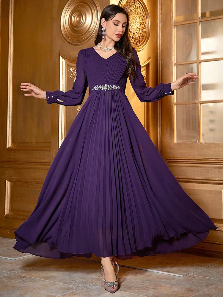 VougeVamp Elegant V-Neck Swing Evening Dress with Rhinestone Embellishments – Luxury Long Sleeve Pleated Gown