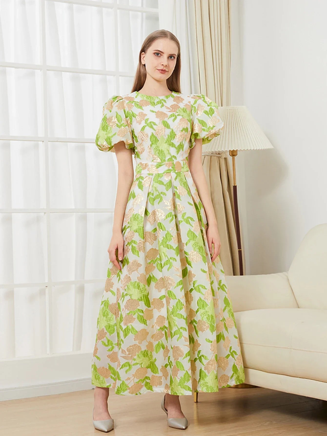 VougeVamp Luxury Puff Sleeve Organza Jacquard Princess Dress – Elegant Long Gown for Proms, Flower Parties & Special Occasions