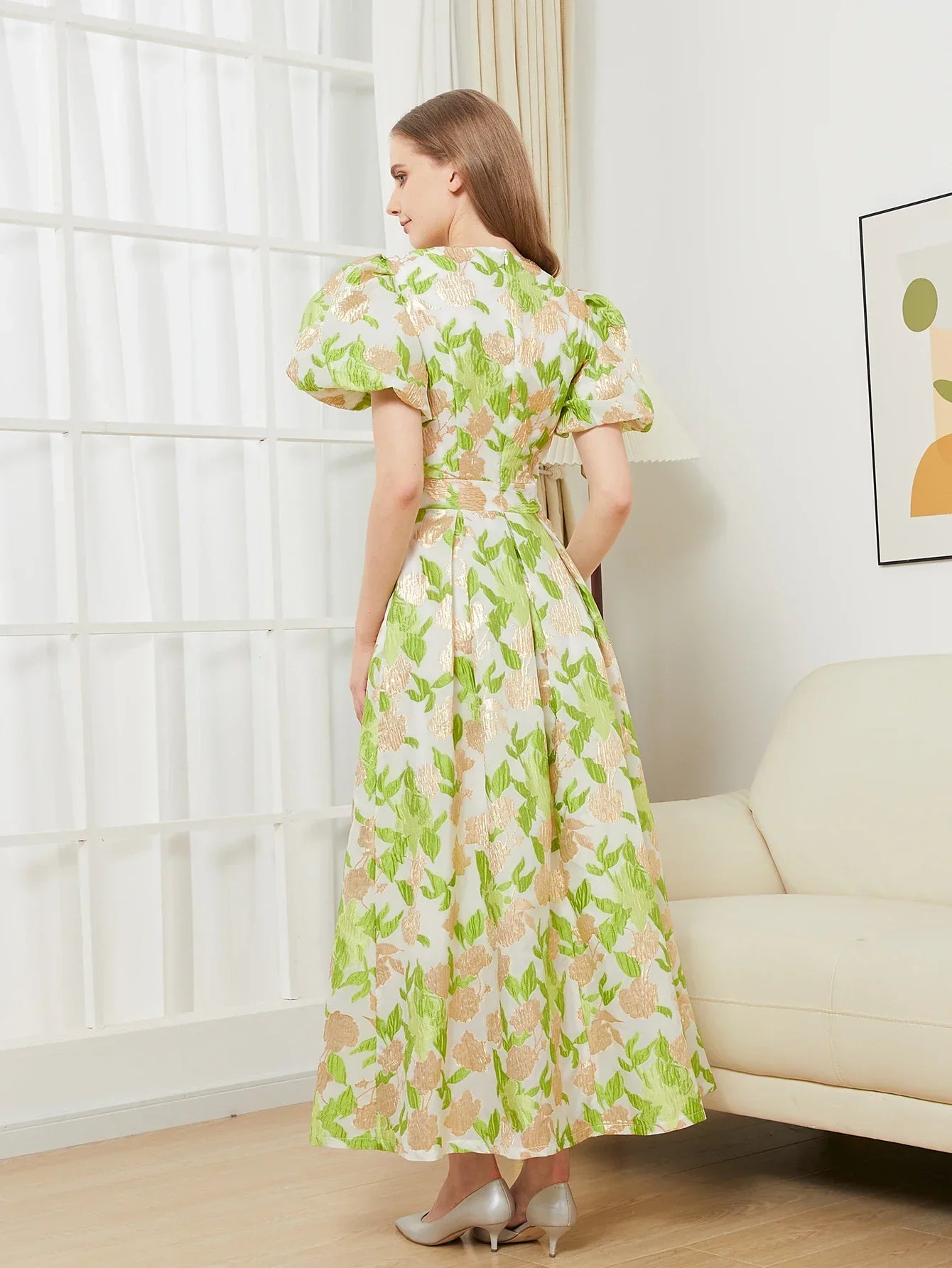 VougeVamp Luxury Puff Sleeve Organza Jacquard Princess Dress – Elegant Long Gown for Proms, Flower Parties & Special Occasions