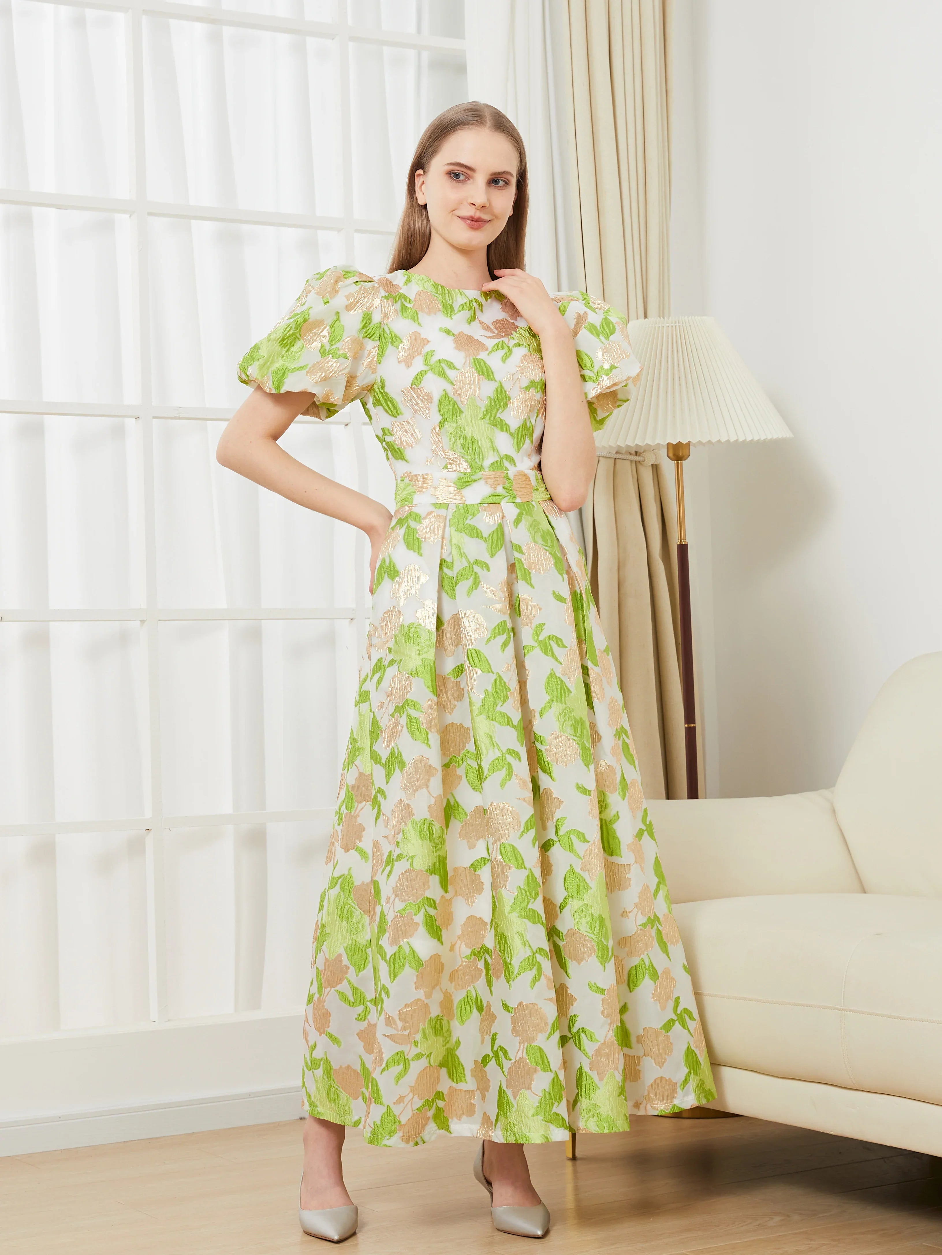 VougeVamp Luxury Puff Sleeve Organza Jacquard Princess Dress – Elegant Long Gown for Proms, Flower Parties & Special Occasions