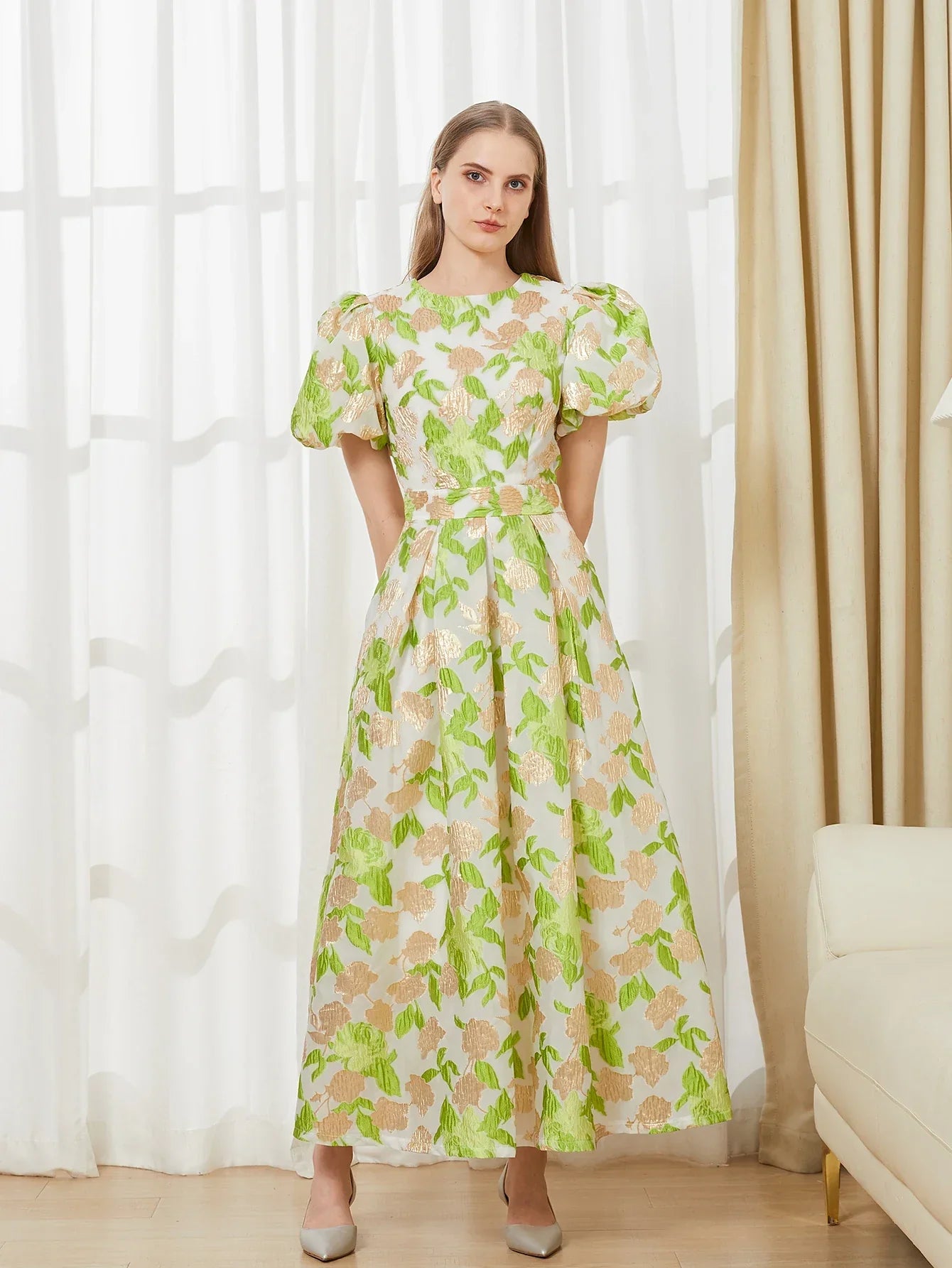 VougeVamp Luxury Puff Sleeve Organza Jacquard Princess Dress – Elegant Long Gown for Proms, Flower Parties & Special Occasions