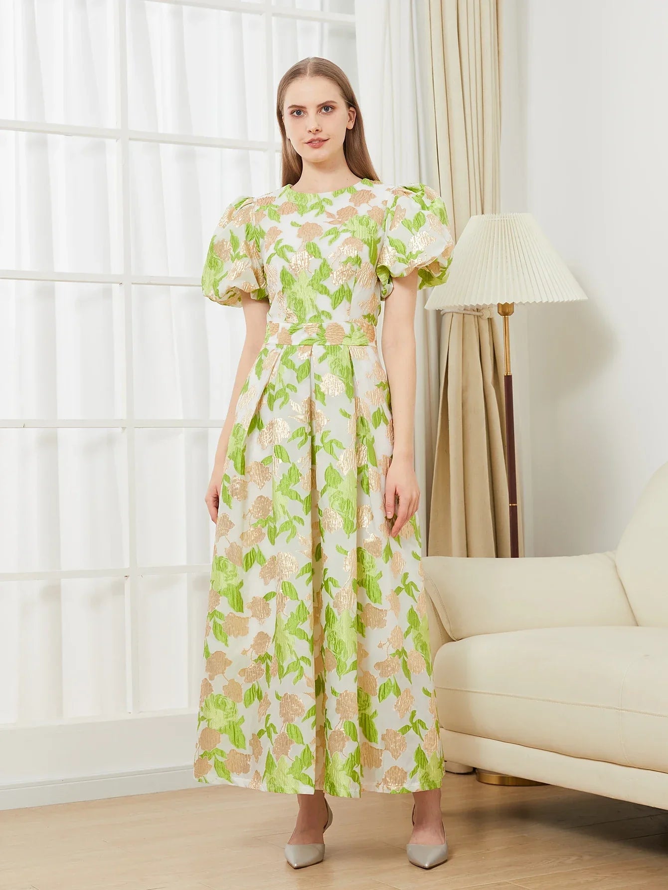 VougeVamp Luxury Puff Sleeve Organza Jacquard Princess Dress – Elegant Long Gown for Proms, Flower Parties & Special Occasions