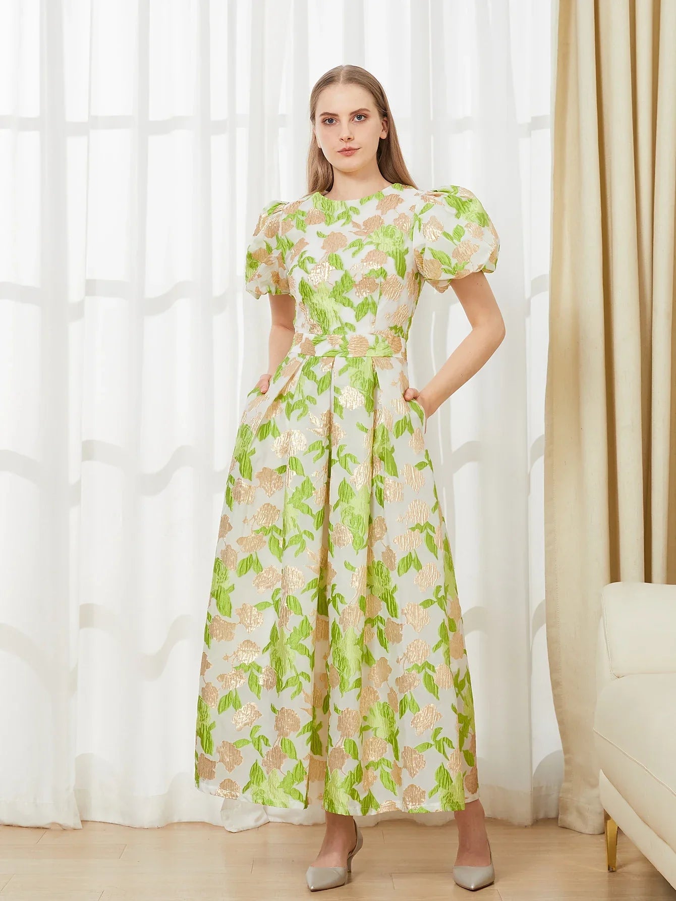 VougeVamp Luxury Puff Sleeve Organza Jacquard Princess Dress – Elegant Long Gown for Proms, Flower Parties & Special Occasions