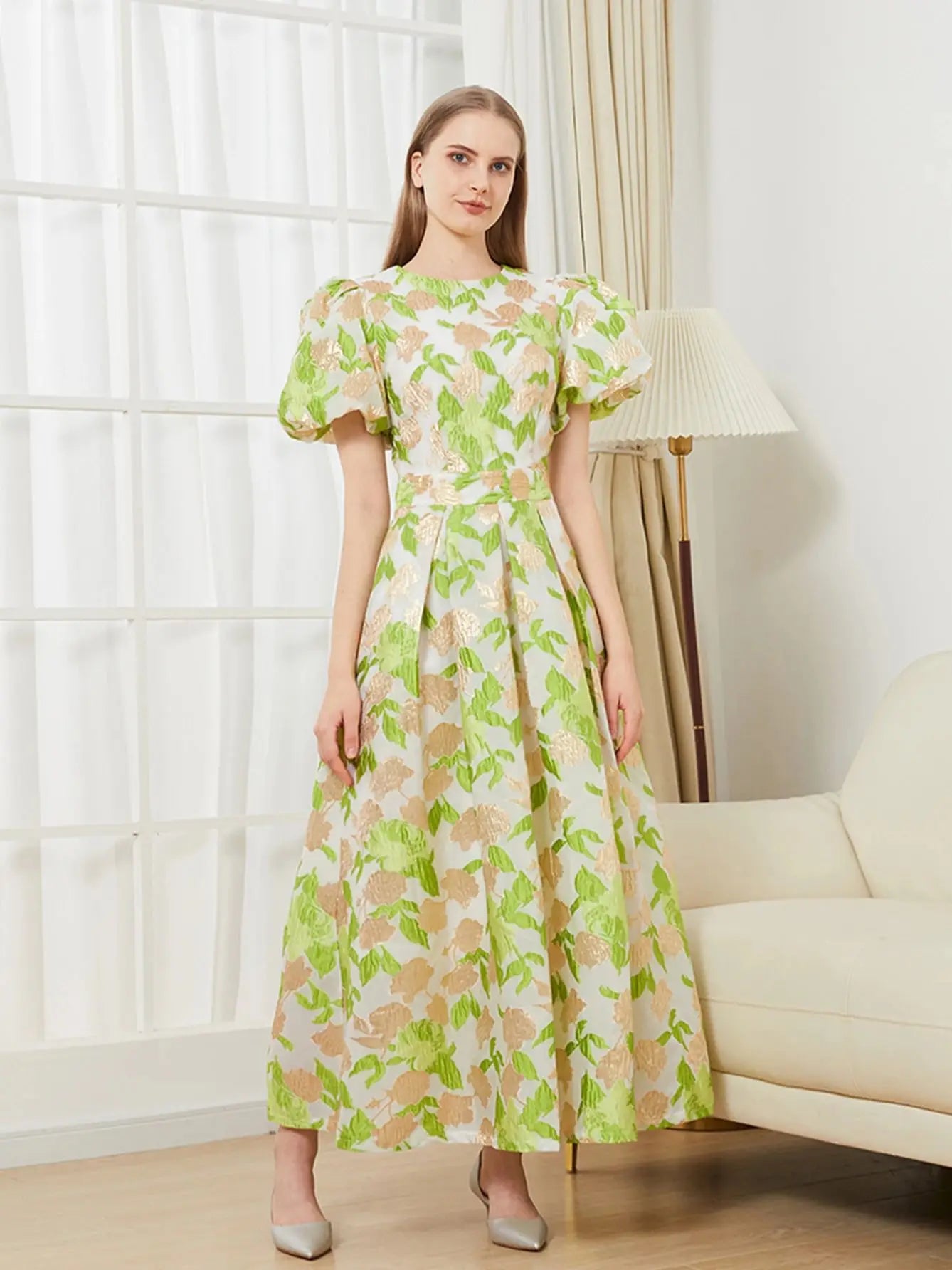 VougeVamp Luxury Puff Sleeve Organza Jacquard Princess Dress – Elegant Long Gown for Proms, Flower Parties & Special Occasions