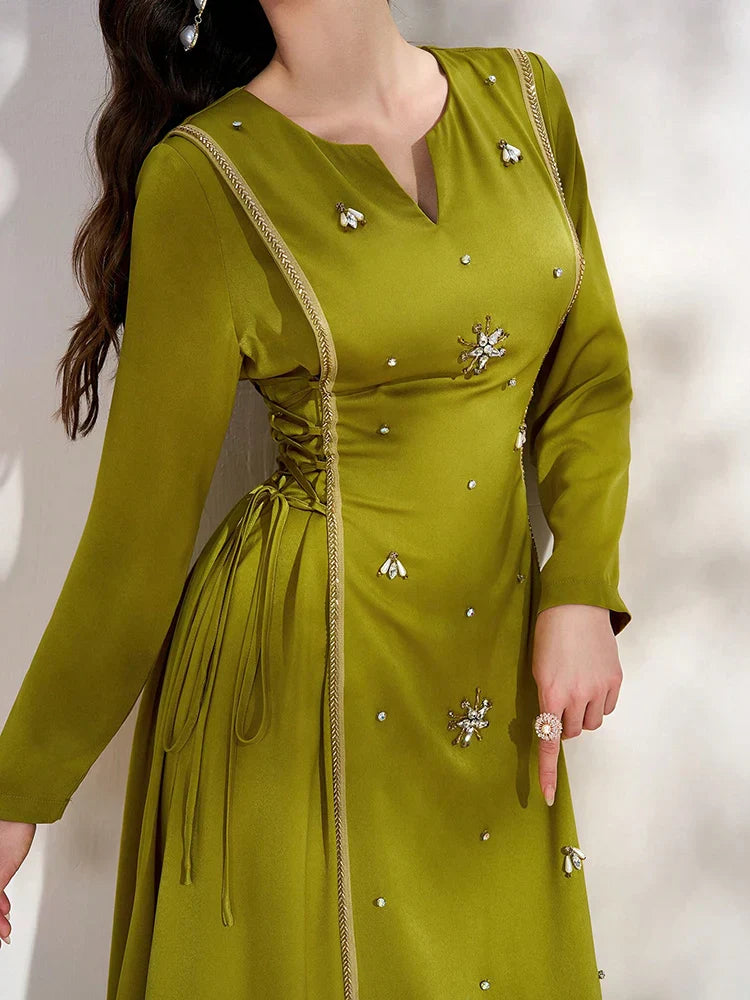 VougeVamp Elegant Notch Neck Lace-Up Long Sleeve Arabic Dress – Luxury Formal Evening Gown for Spring/Autumn