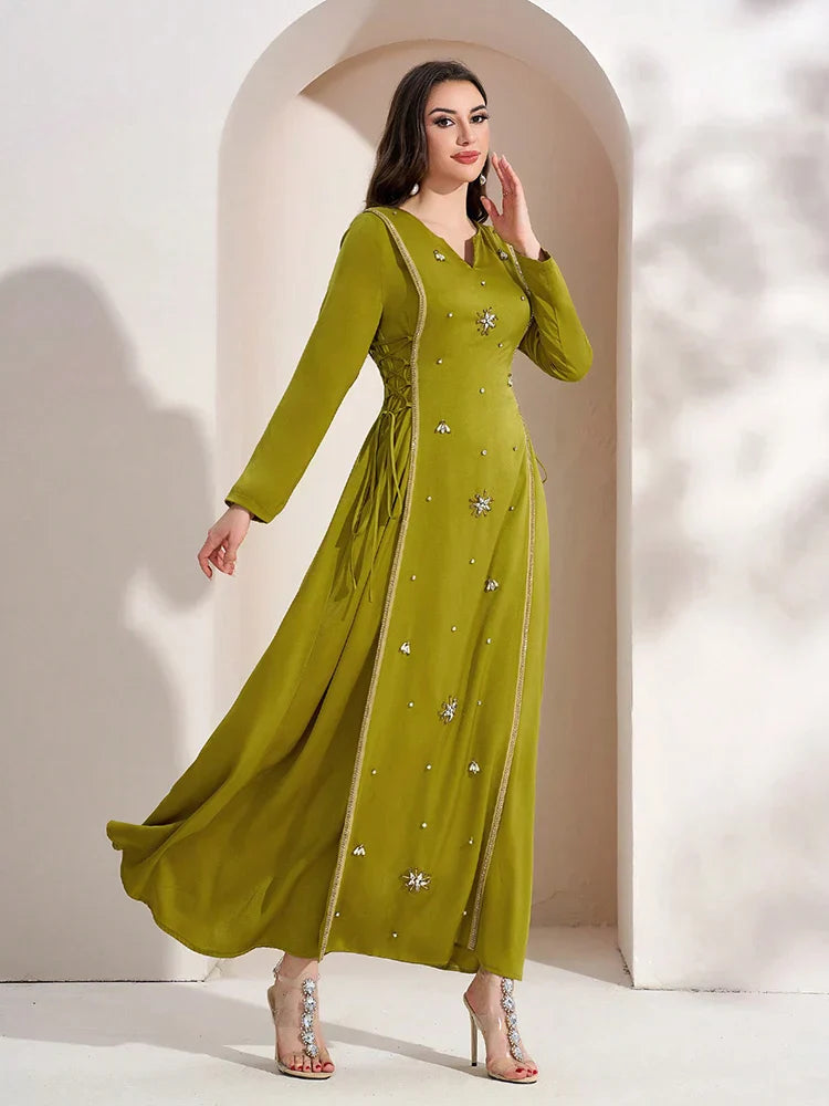 VougeVamp Elegant Notch Neck Lace-Up Long Sleeve Arabic Dress – Luxury Formal Evening Gown for Spring/Autumn