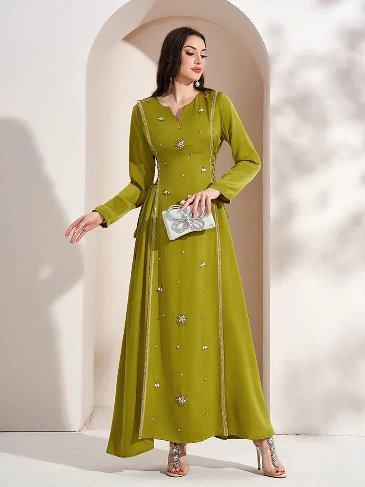 VougeVamp Elegant Notch Neck Lace-Up Long Sleeve Arabic Dress – Luxury Formal Evening Gown for Spring/Autumn