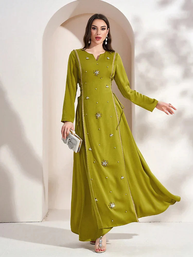 VougeVamp Elegant Notch Neck Lace-Up Long Sleeve Arabic Dress – Luxury Formal Evening Gown for Spring/Autumn