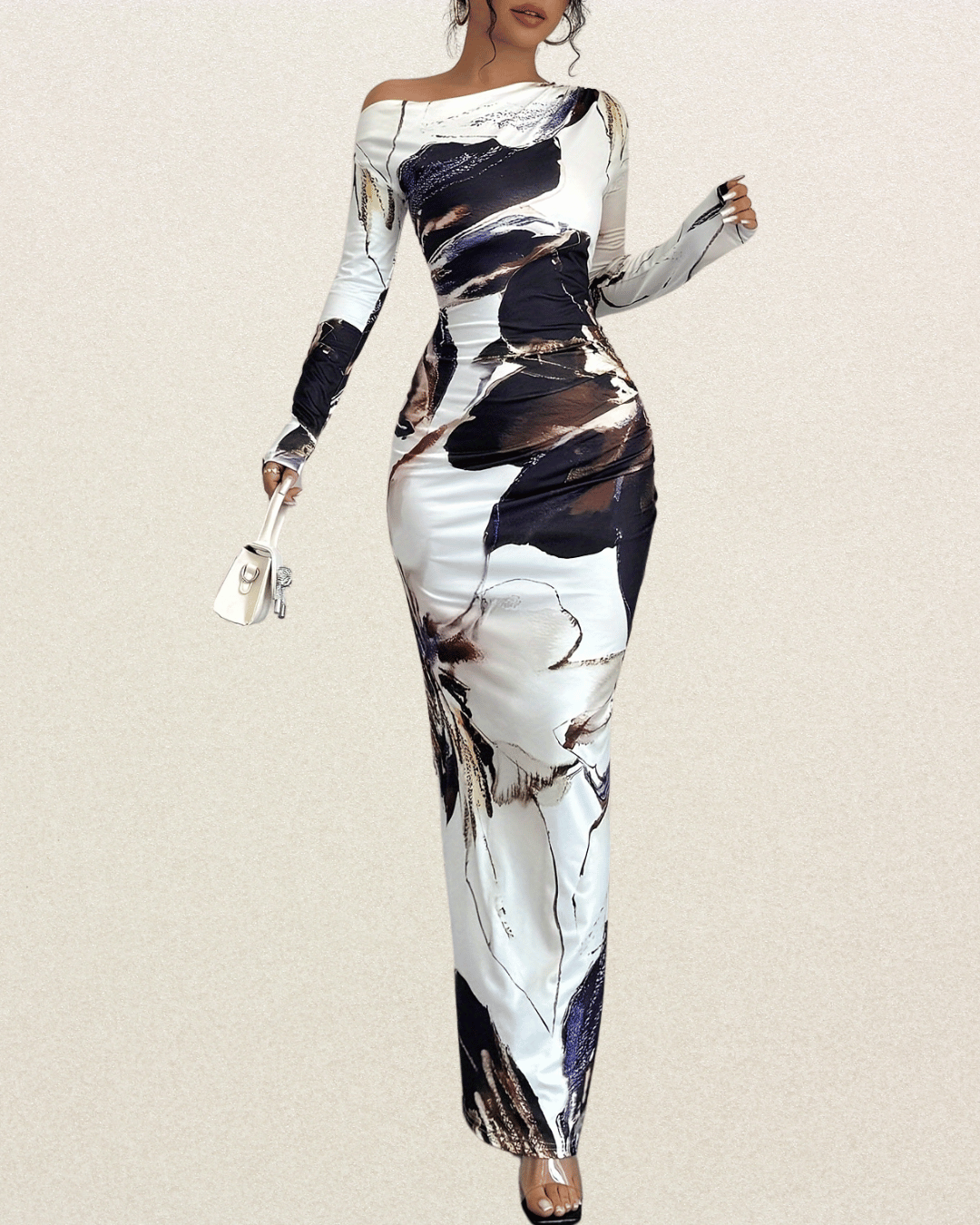 Elegant Off-Shoulder Long Sleeve Bodycon Dress - Asymmetrical Floral Print, Skinny Fit