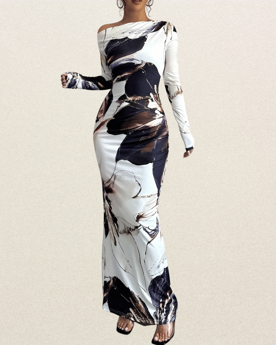 Elegant Off-Shoulder Long Sleeve Bodycon Dress - Asymmetrical Floral Print, Skinny Fit