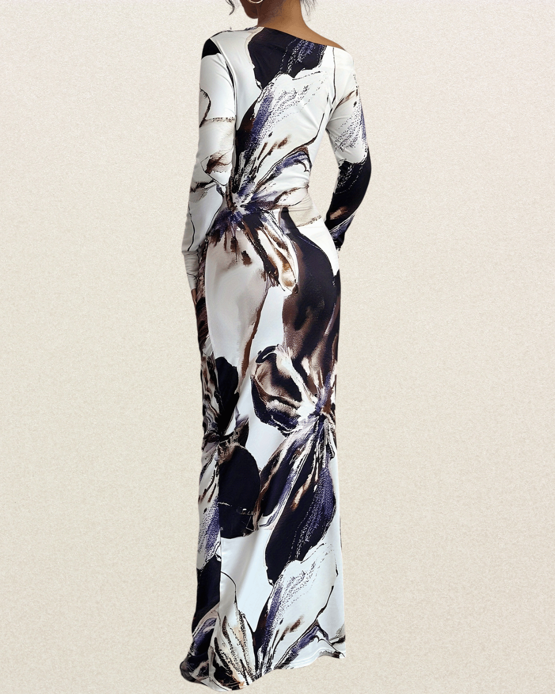 Elegant Off-Shoulder Long Sleeve Bodycon Dress - Asymmetrical Floral Print, Skinny Fit