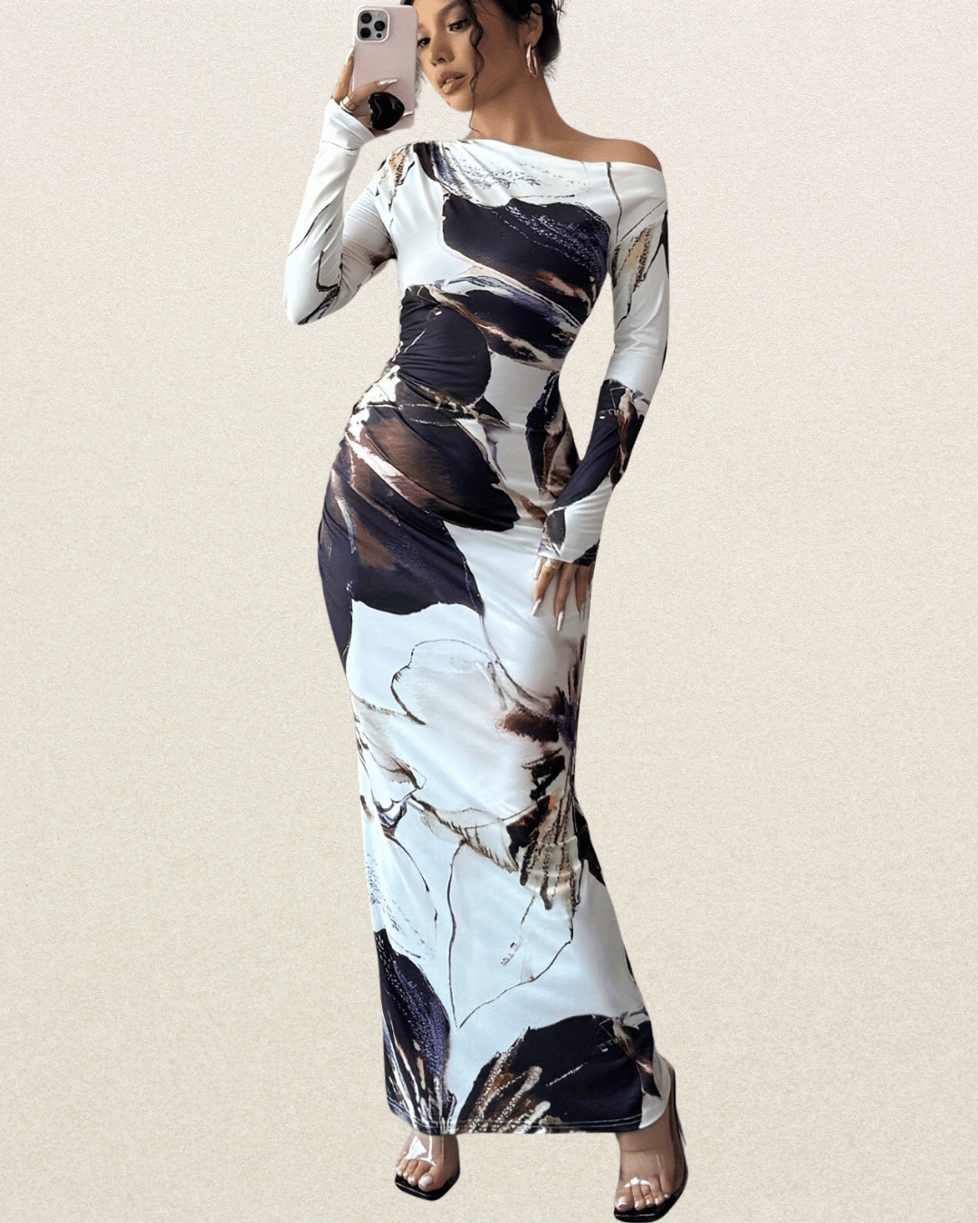 Elegant Off-Shoulder Long Sleeve Bodycon Dress - Asymmetrical Floral Print, Skinny Fit