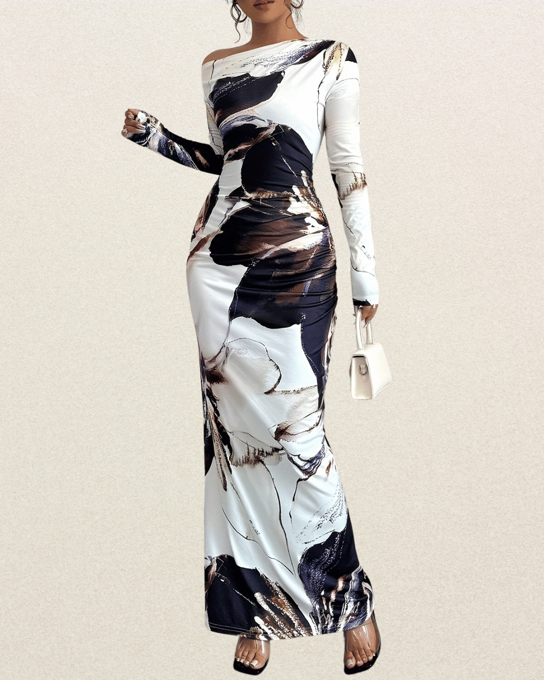 Elegant Off-Shoulder Long Sleeve Bodycon Dress - Asymmetrical Floral Print, Skinny Fit