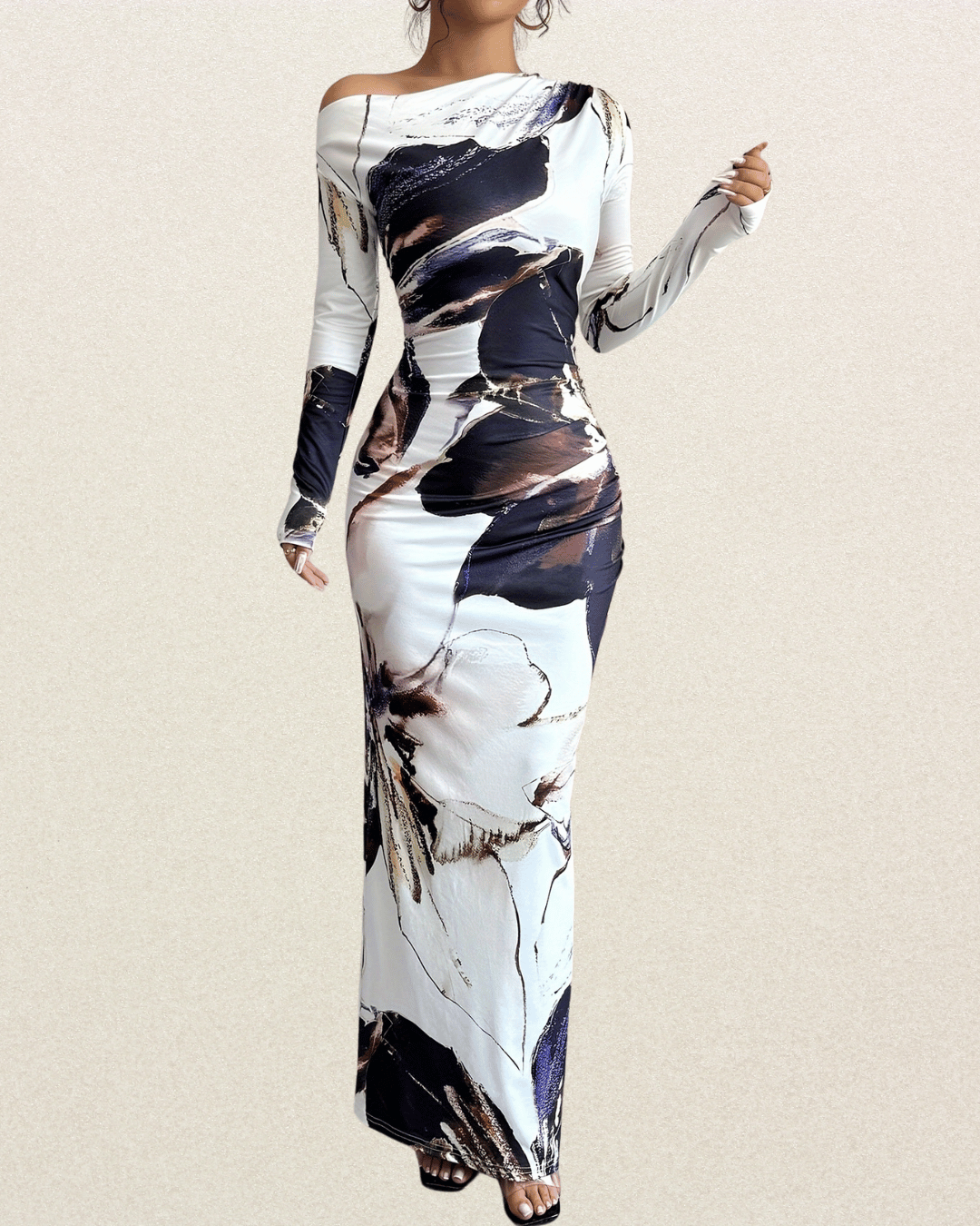 Elegant Off-Shoulder Long Sleeve Bodycon Dress - Asymmetrical Floral Print, Skinny Fit