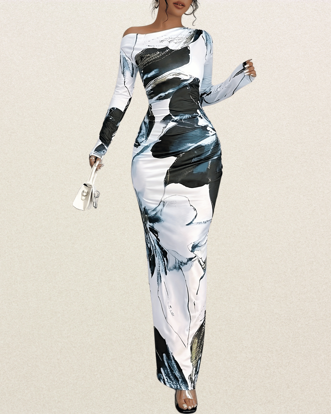 Elegant Off-Shoulder Long Sleeve Bodycon Dress - Asymmetrical Floral Print, Skinny Fit