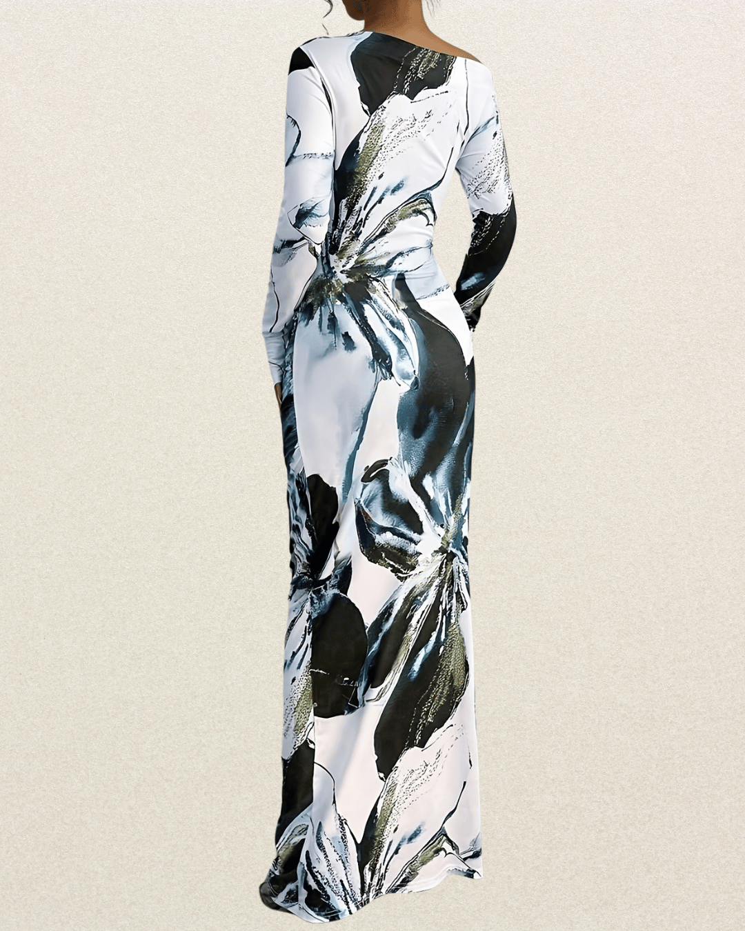 Elegant Off-Shoulder Long Sleeve Bodycon Dress - Asymmetrical Floral Print, Skinny Fit